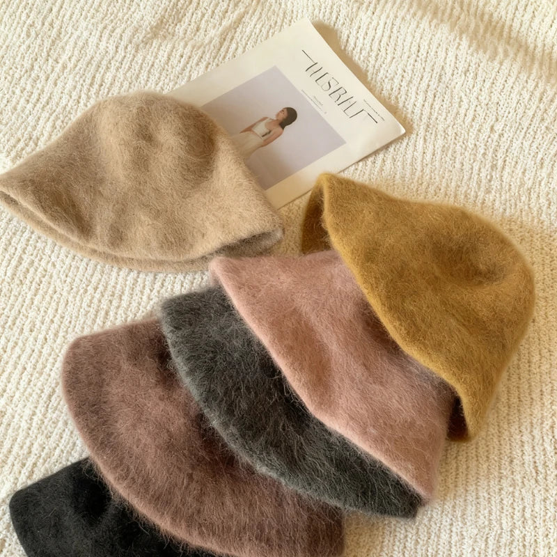 Angola Long Rabbit Fur Bucket Hat - Warm Winter Beanie for Women 1