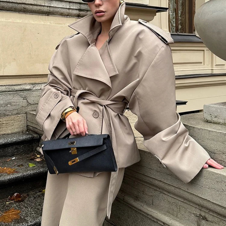 Belted Waist Cropped Trench Coat for Women - Double Breasted Stand Collar Autumn Elegant Vintage Jacket