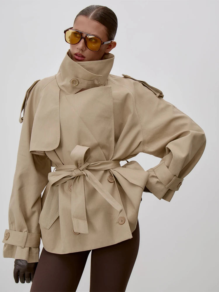 Chic Stand Collar Lace Up Trench Coat Women Long Sleeves Single Breasted Windbreaker 2026 2