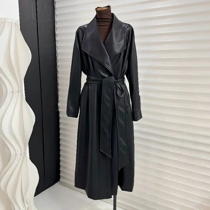 Elegant Long PU Leather Trench Coat for Women - Stylish Winter Outerwear 2