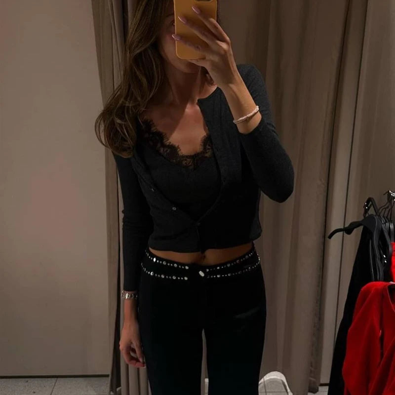 Lace Cropped Cardigan for Women - Elegant Vintage Knitwear with Buttons 3