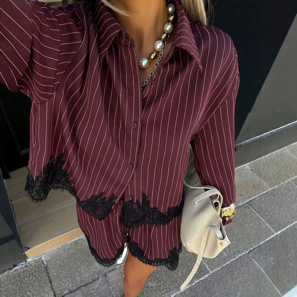 Margot Pinstripe Lace Trim Hem Shorts Set