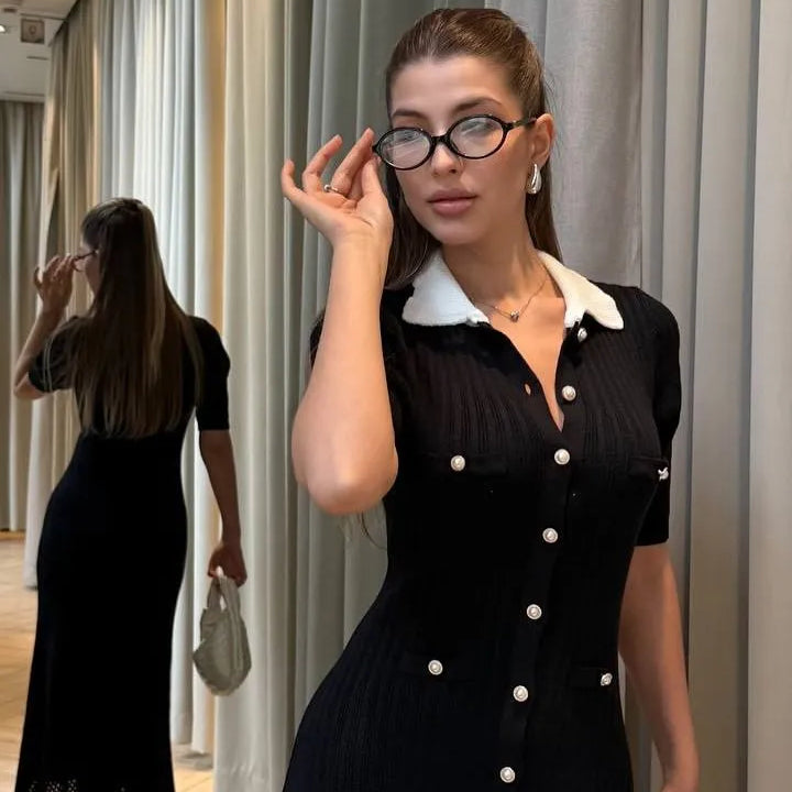 Hannelore French V-Neck Knitted Slit Dress