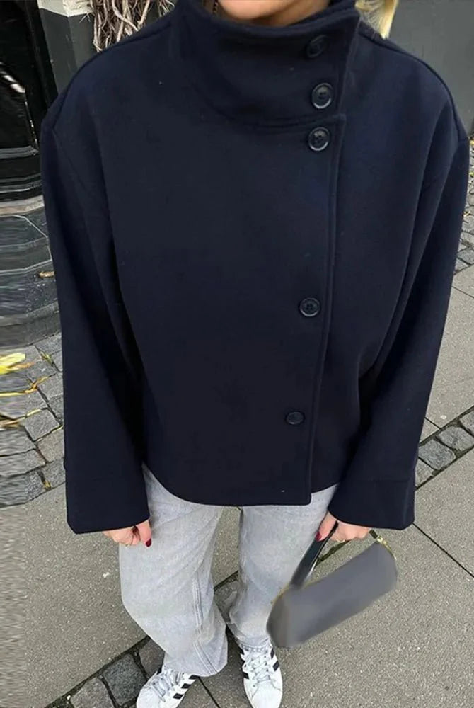 SEAME - Rosalia Elegant Lady Women's Jacket with Stand Collar for Autumn Style Navy Blue S