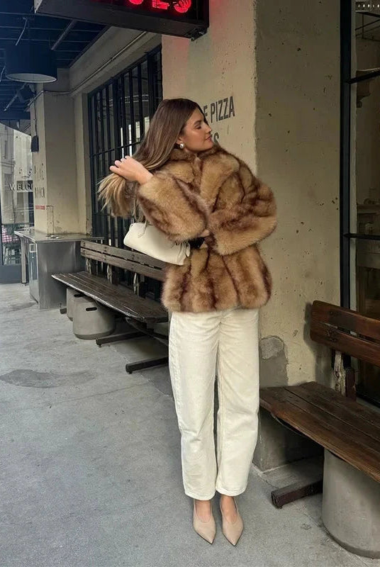 Stylish Faux Fur Coat Women with Turn-Down Collar & Covered Button Closure 5