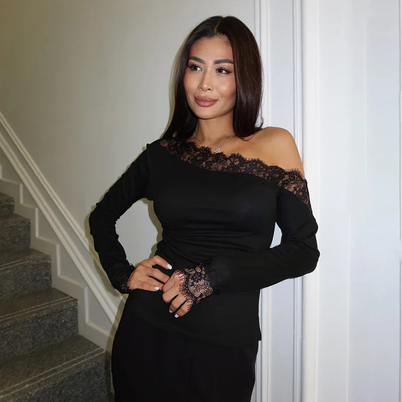 Tornova Women's Top Slant Shoulder Lace T-Shirt Slim Long Sleeve Casual Summer Wear 2