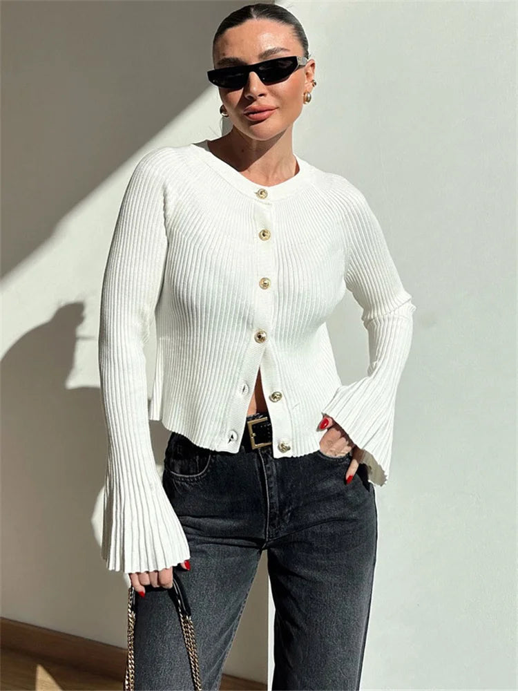 Tossy Women's White Long Cardigan Sweater - Ribbed Knitwear, Loose Fit, Long Sleeve, Patchwork Design 1