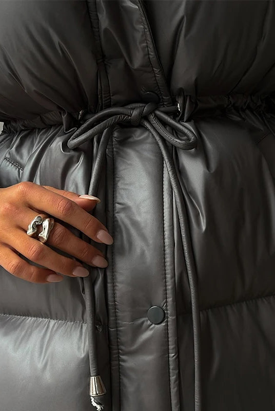 Women's Black Puffer Jacket - Hooded Down Winter Coat with Drawstring Waist 5