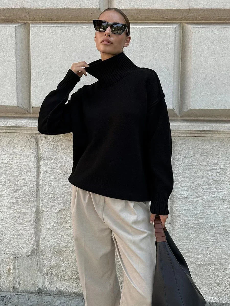 Women's Oversized Black Turtleneck Sweater - Thick Knitted Pullover for Autumn Winter 4