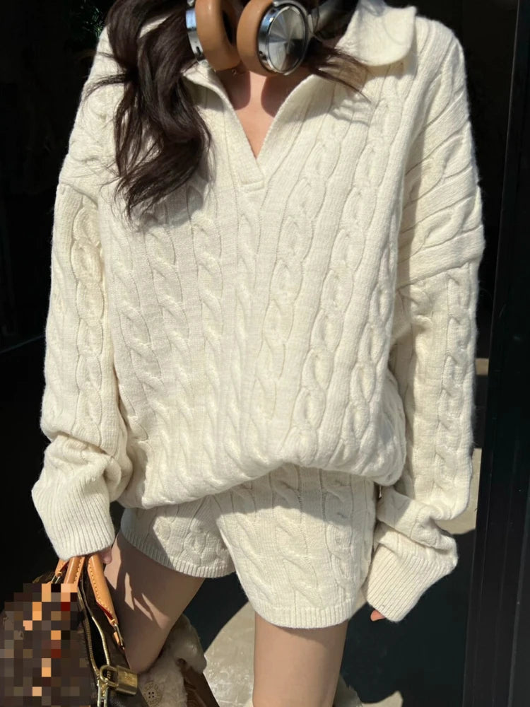 Women's Two Piece Set - Knitted Sweater and Shorts Co Ord Set with POLO Collar - Casual Matching Sets Women 0