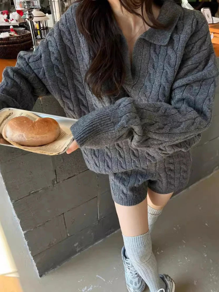 Women's Two Piece Set - Knitted Sweater and Shorts Co Ord Set with POLO Collar - Casual Matching Sets Women 4