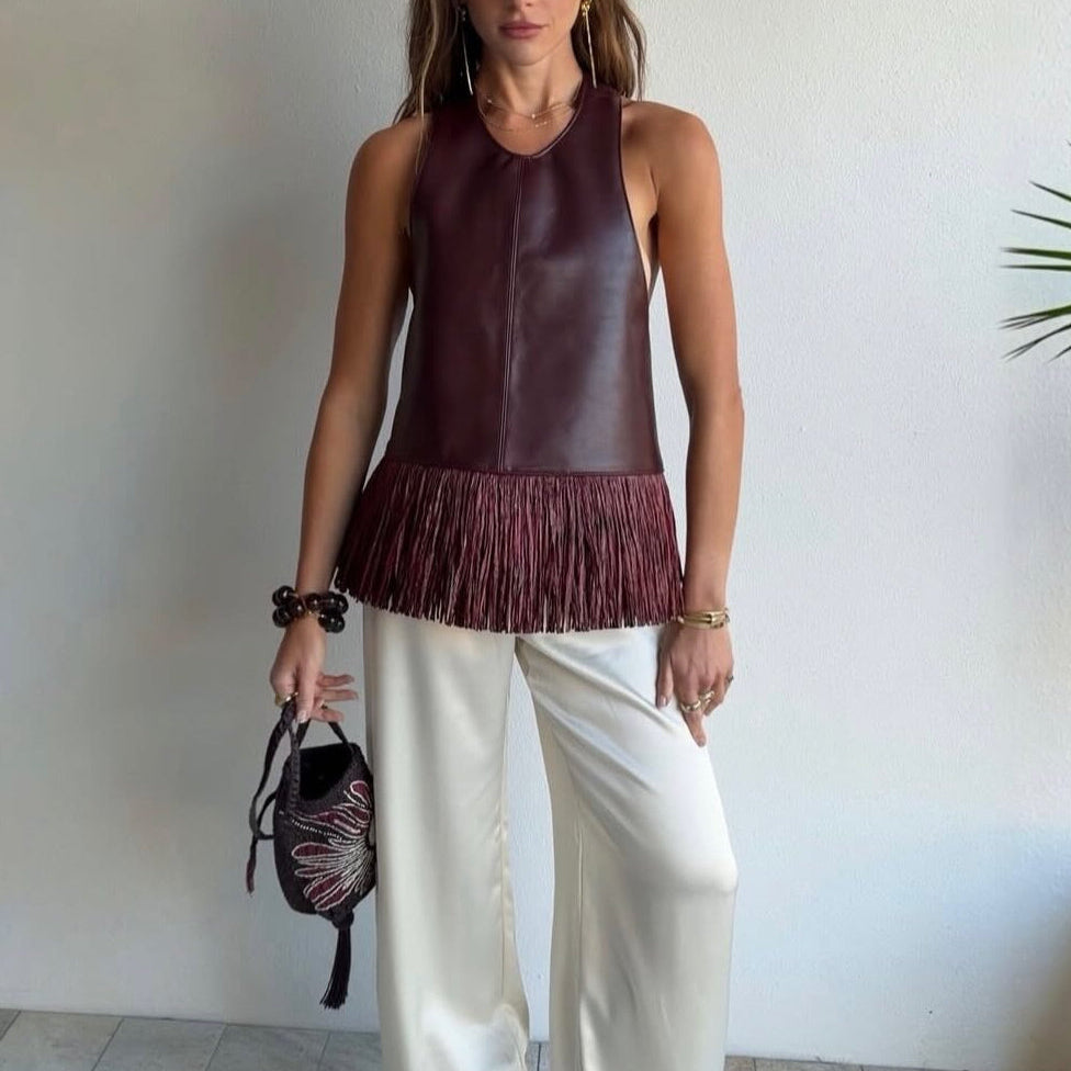 Sierra Faux Leather Fringe Halter Top
