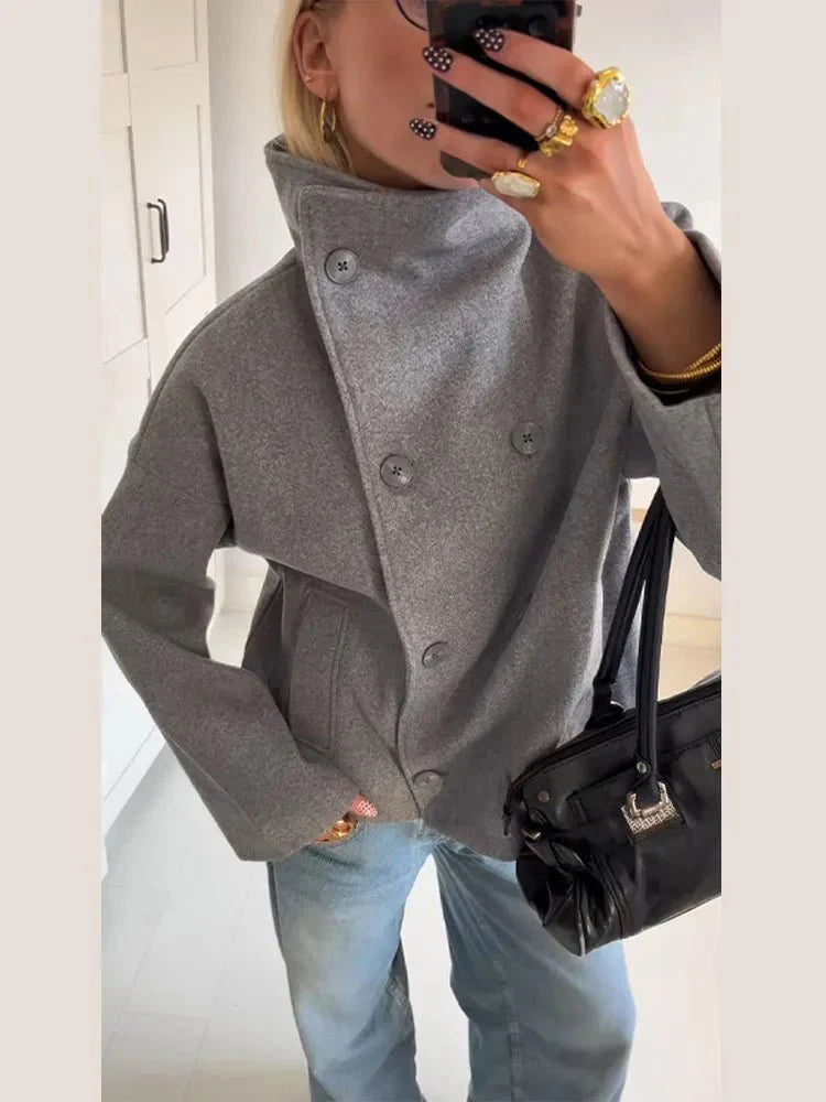 SEAME - Loreta - Stylish Cozy Autumn Womens Jacket with Stand Collar Grey XS