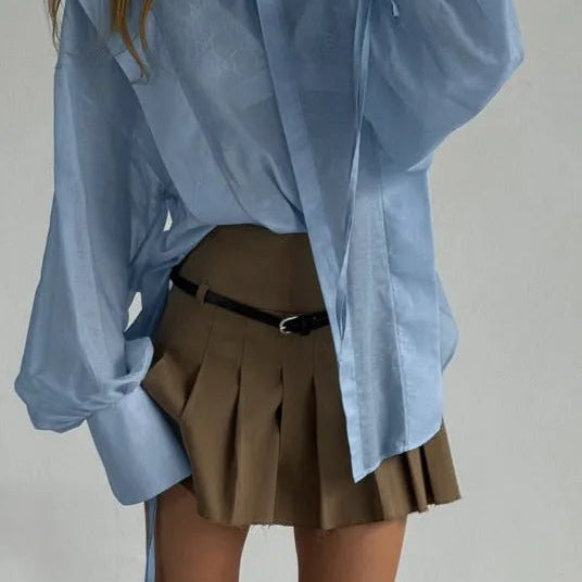 SOERA Isabella Oversized Ribbon - Tie Puff Sleeve Shirt - Blouse - Blue S