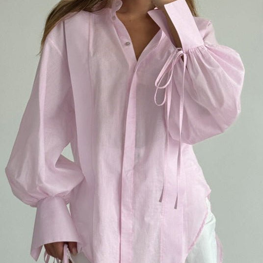 SOERA Isabella Oversized Ribbon - Tie Puff Sleeve Shirt - Blouse - Pink S