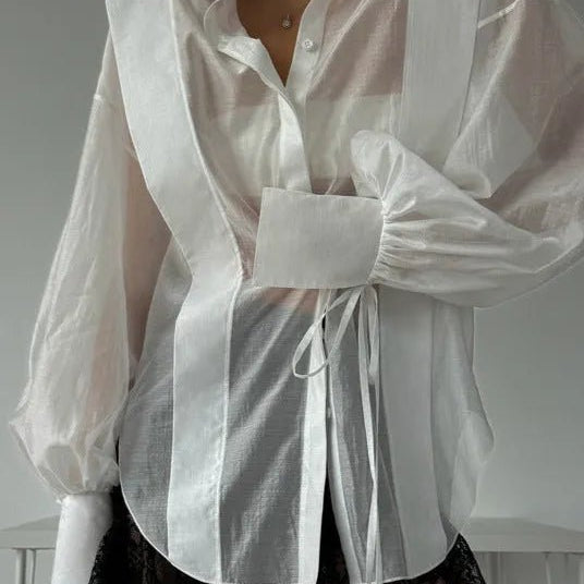 SOERA Isabella Oversized Ribbon - Tie Puff Sleeve Shirt - Blouse - White S