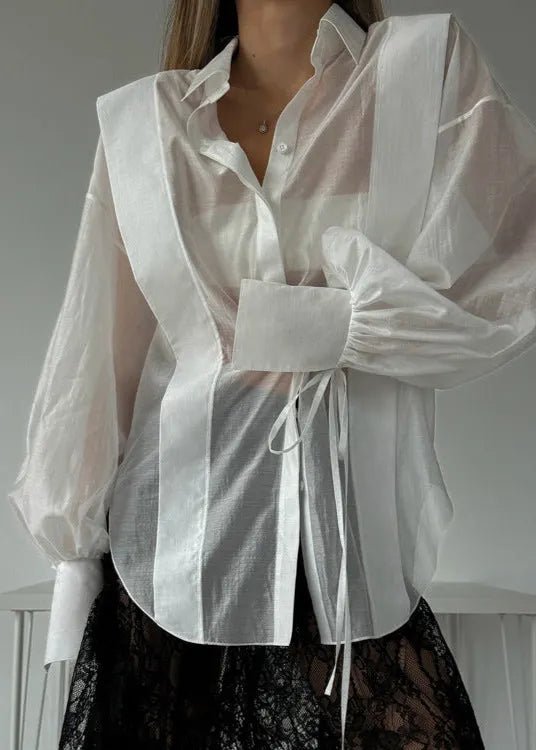 SOERA Isabella Oversized Ribbon - Tie Puff Sleeve Shirt - Blouse - White S