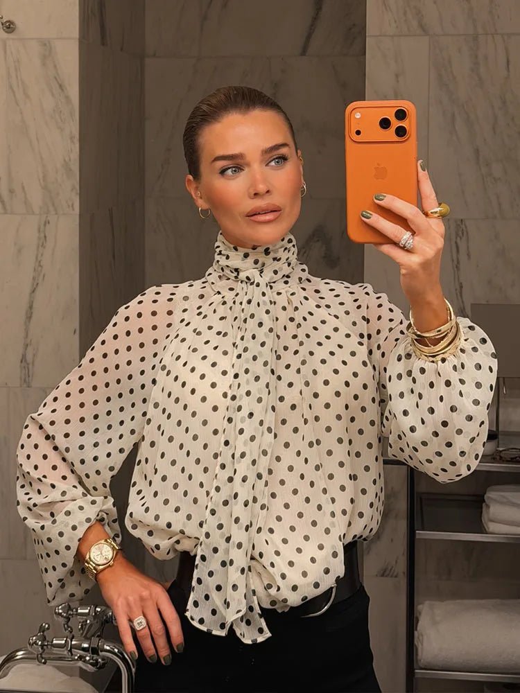 SOERA Sofia High Collar Polka Dot Blouse - Blouse - White L