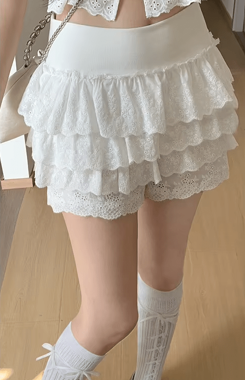 SOERA Bianca Crochet Ruffle Hollow-Out Shorts - Bottoms - White S