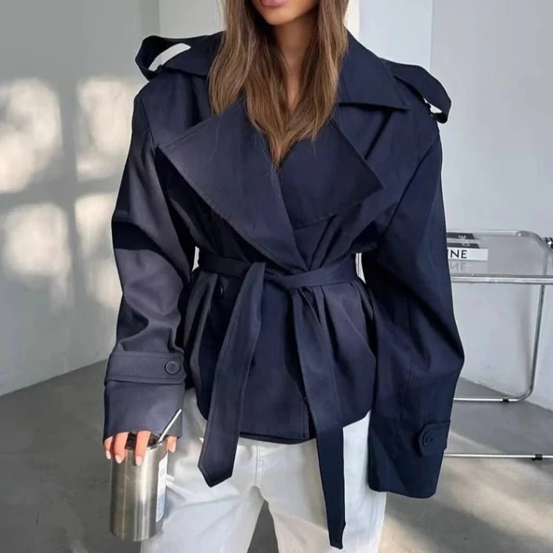 SOERA Tara Lace Up Cropped Trench Coat - Coats & Jackets - 1005010209802968-;oF1775118772176893463 Navy Blue XS