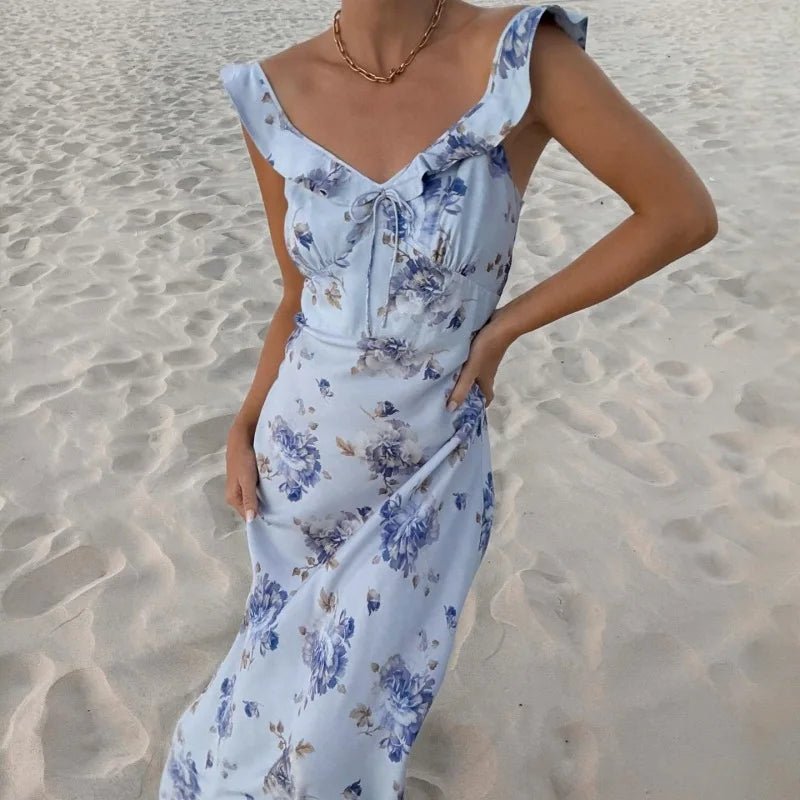 SOERA Ava Floral Plunge Maxi Dress - Dress - Blue S