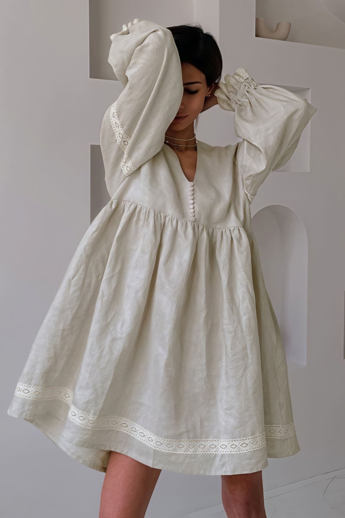 SOERA Beatrice Cotton Linen V - Neck Lantern Sleeve Mini Dress - Dress - Khaki L