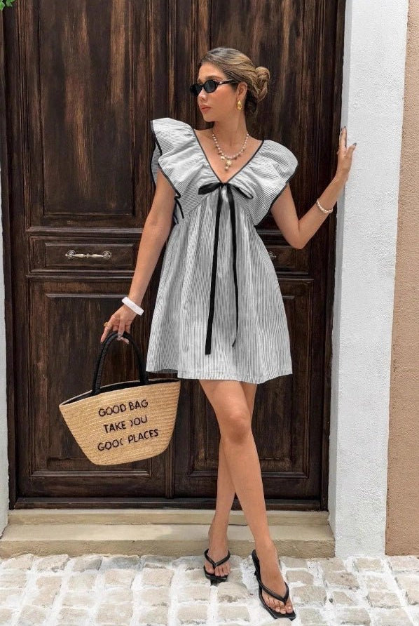 SOERA Beatrice Striped V - Neck Ruffle Mini Dress - Dress - Black M