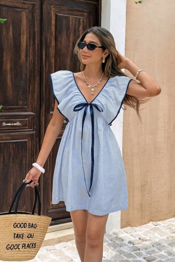 SOERA Beatrice Striped V - Neck Ruffle Mini Dress - Dress - Blue S