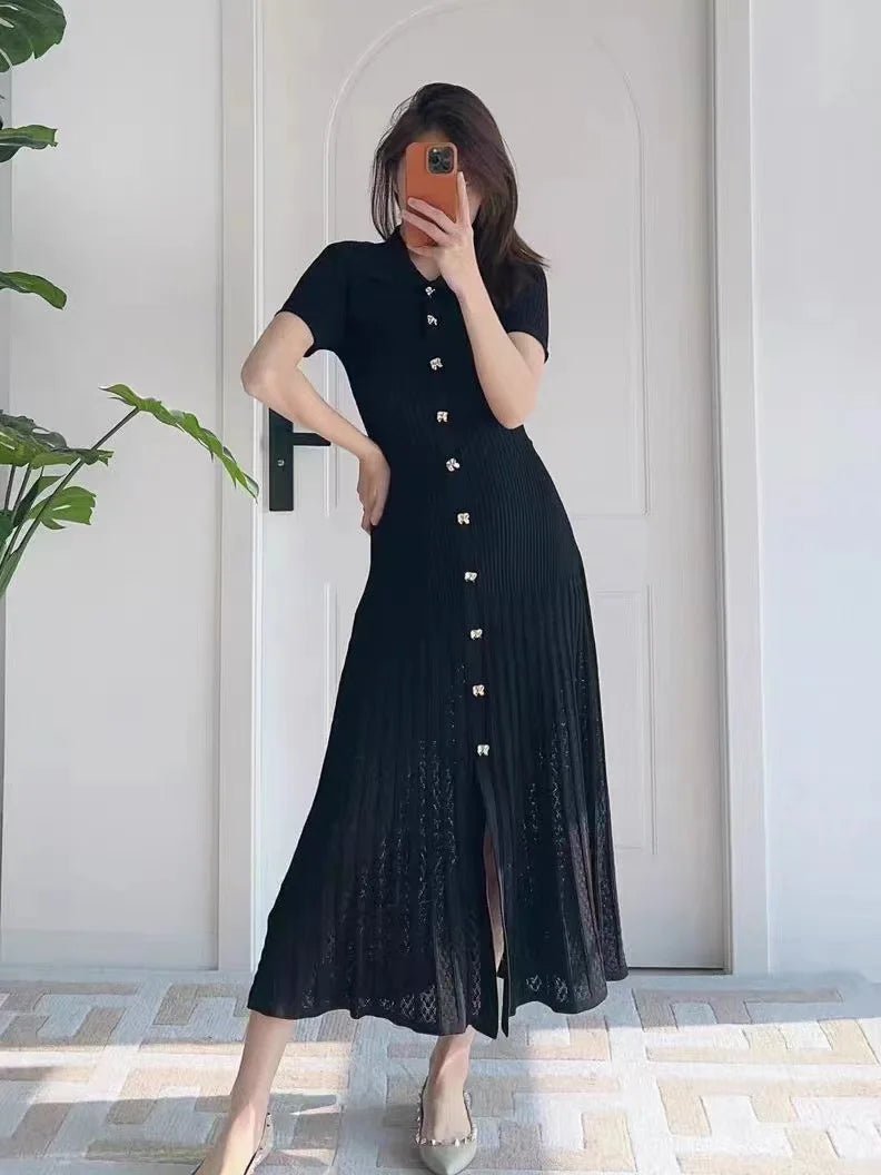 SOERA Beatrice Turn - Down Collar Knit Maxi Dress - Dress - Black
