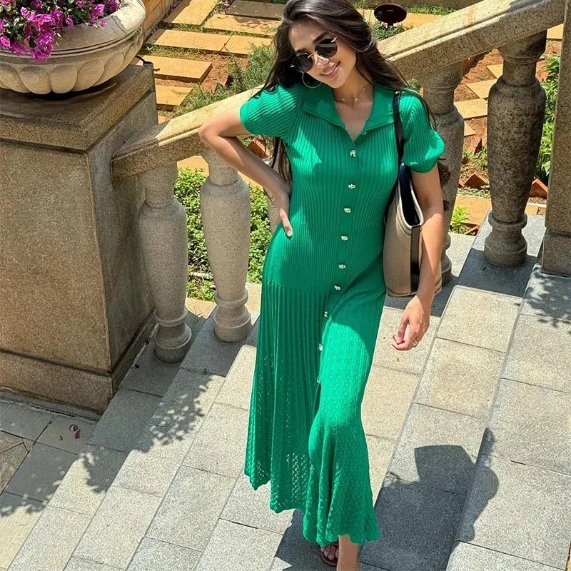 SOERA Beatrice Turn - Down Collar Knit Maxi Dress - Dress - Green