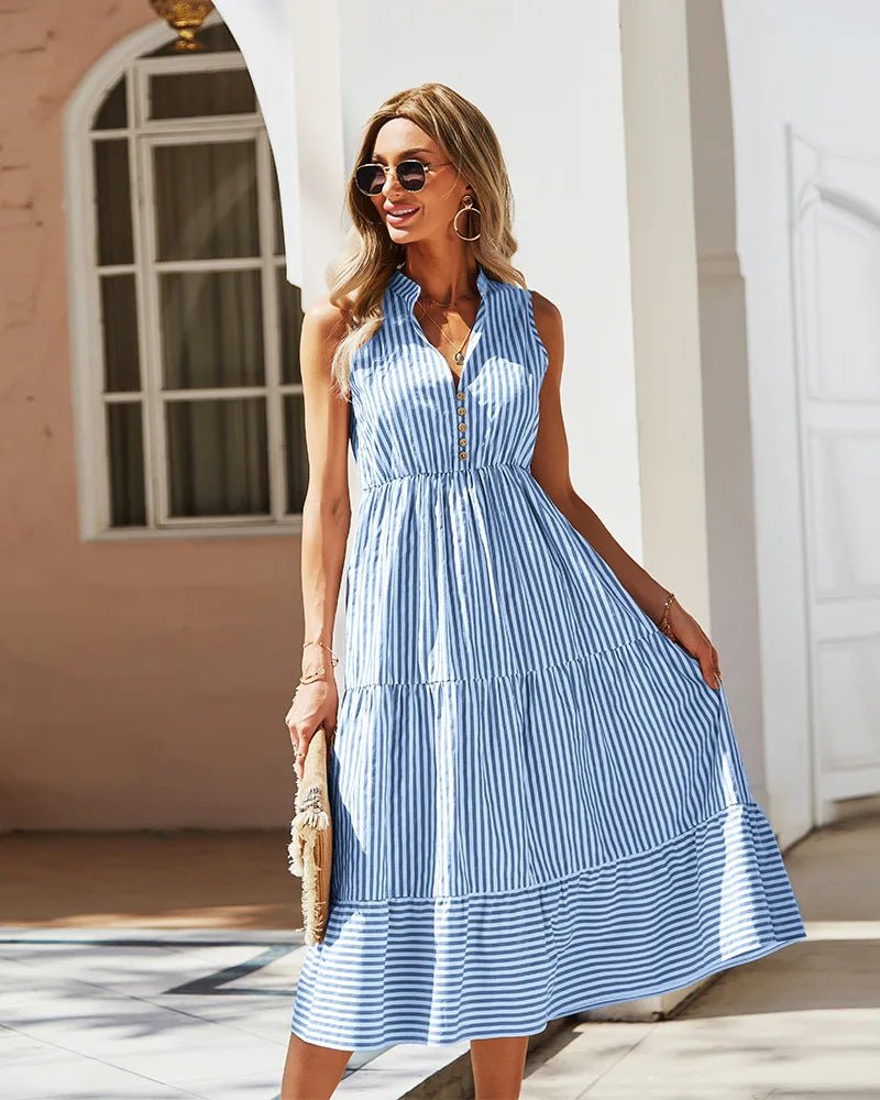 SOERA Bianca Striped V - Neck Sleeveless Shirt Dress - Dress - Blue M