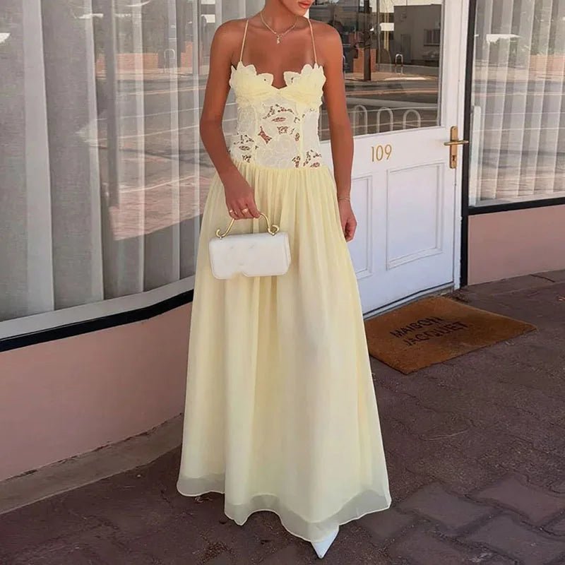 SOERA Celeste Lace Mesh Halter Evening Dress - Dress - Yellow XS
