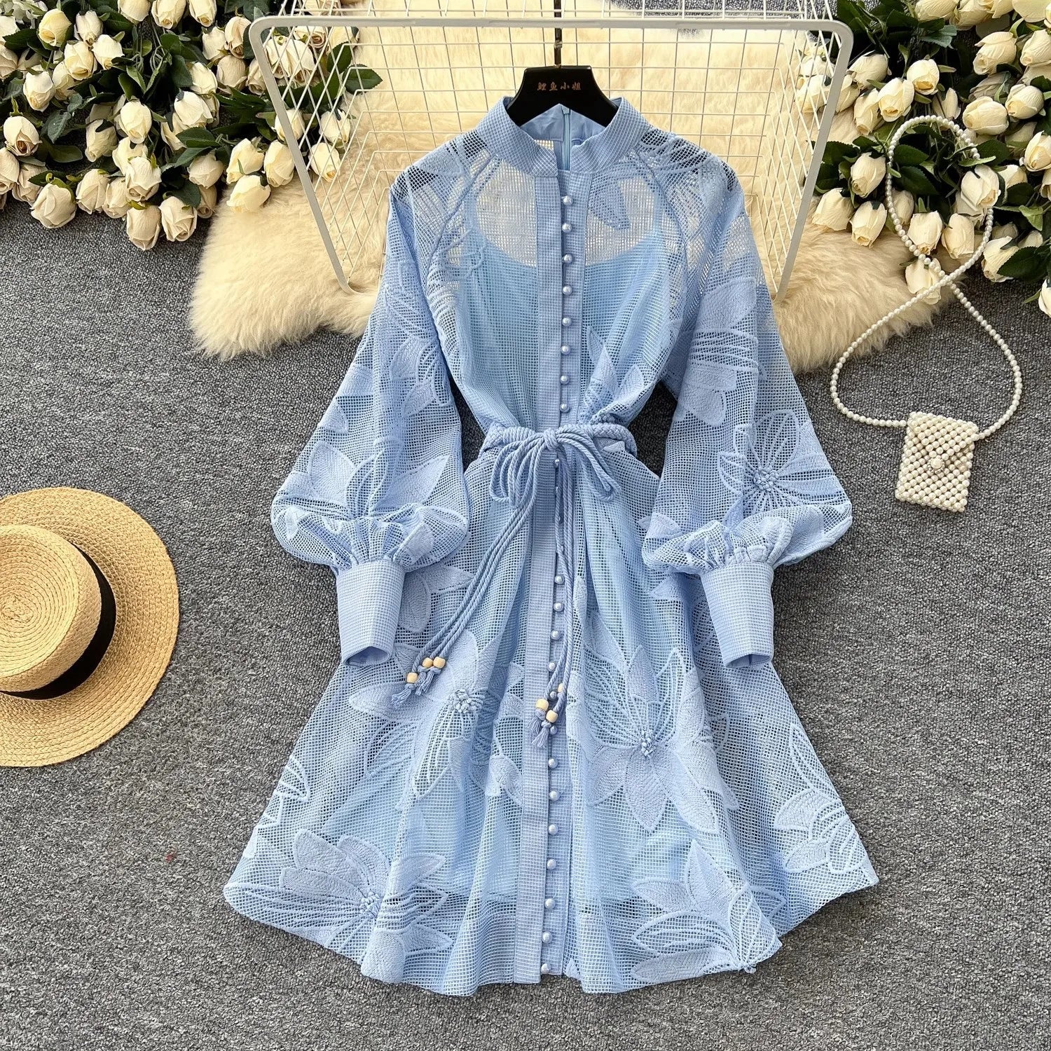SOERA Hedy Embroidered Lace Belted Dress - Dress - Blue S