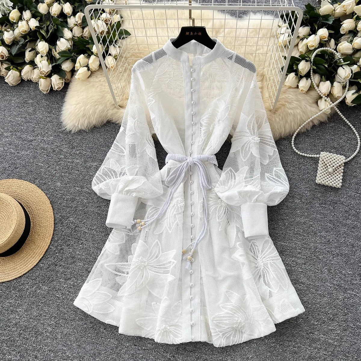 Hedy Embroidered Lace Belted Dress in Blue, Women's Embroidered Lace Belted Dress, Stand Collar Long Sleeve Elegant Dress for Women, SOERA