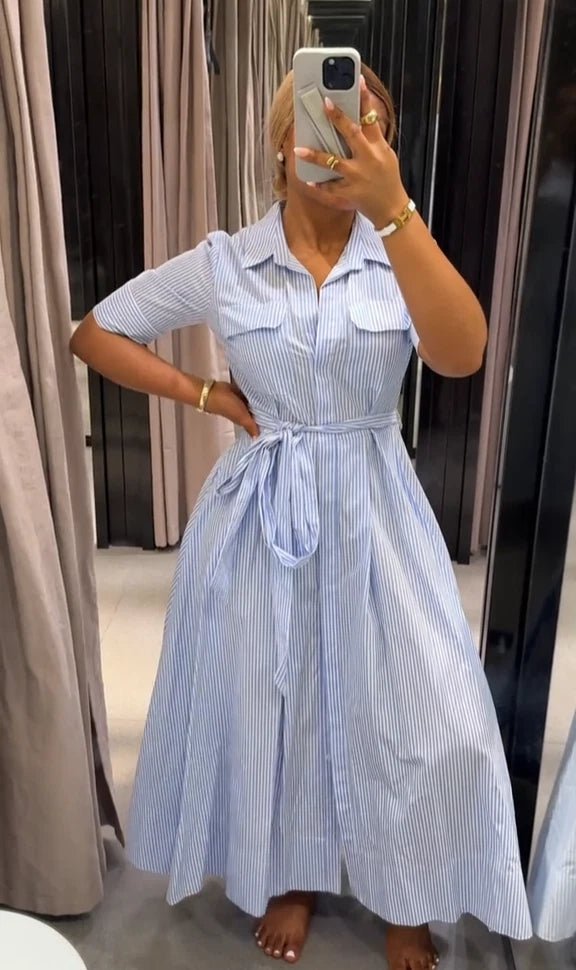 SOERA Katniss Striped Lace - Up Collar Maxi Dress - Dress - Blue XS