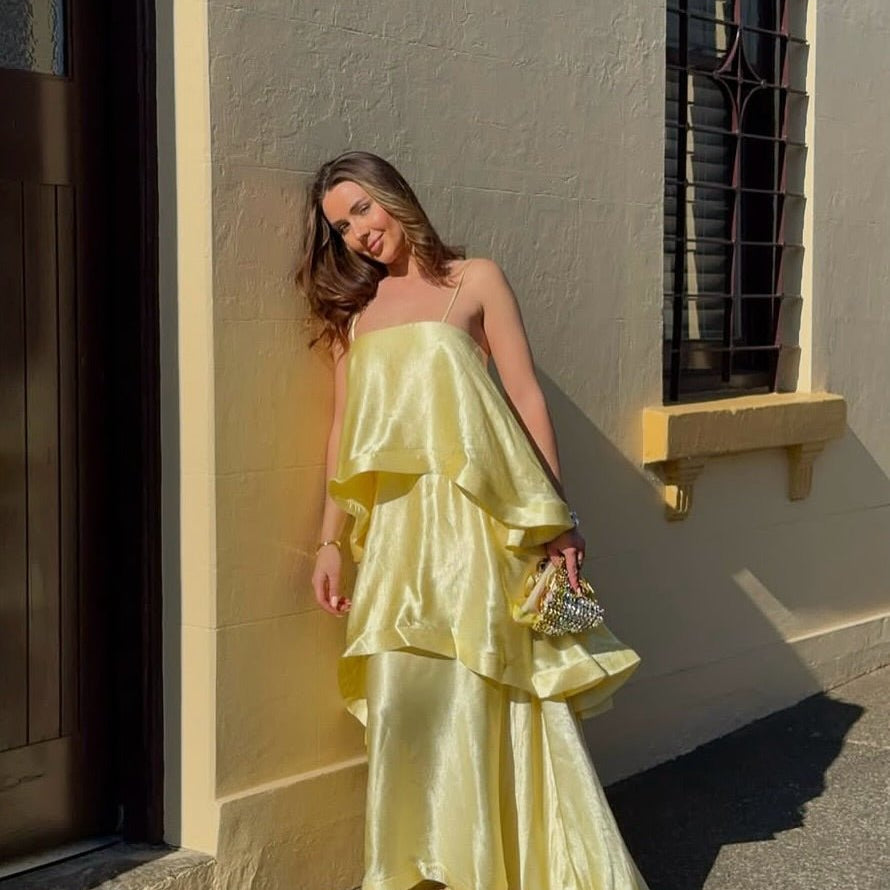SOERA Margot Tiered Ruffle Satin Maxi Dress - Dress - SOERA-288579-YEL-S-87843 Yellow S