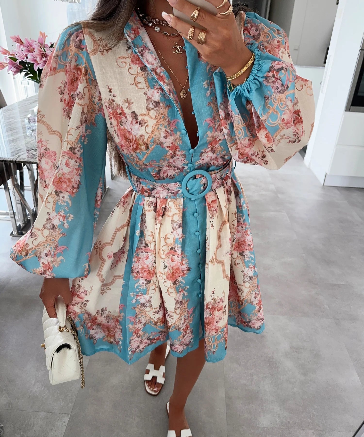 SOERA Petunia Belted Floral Midi Dress - Dress - Blue S