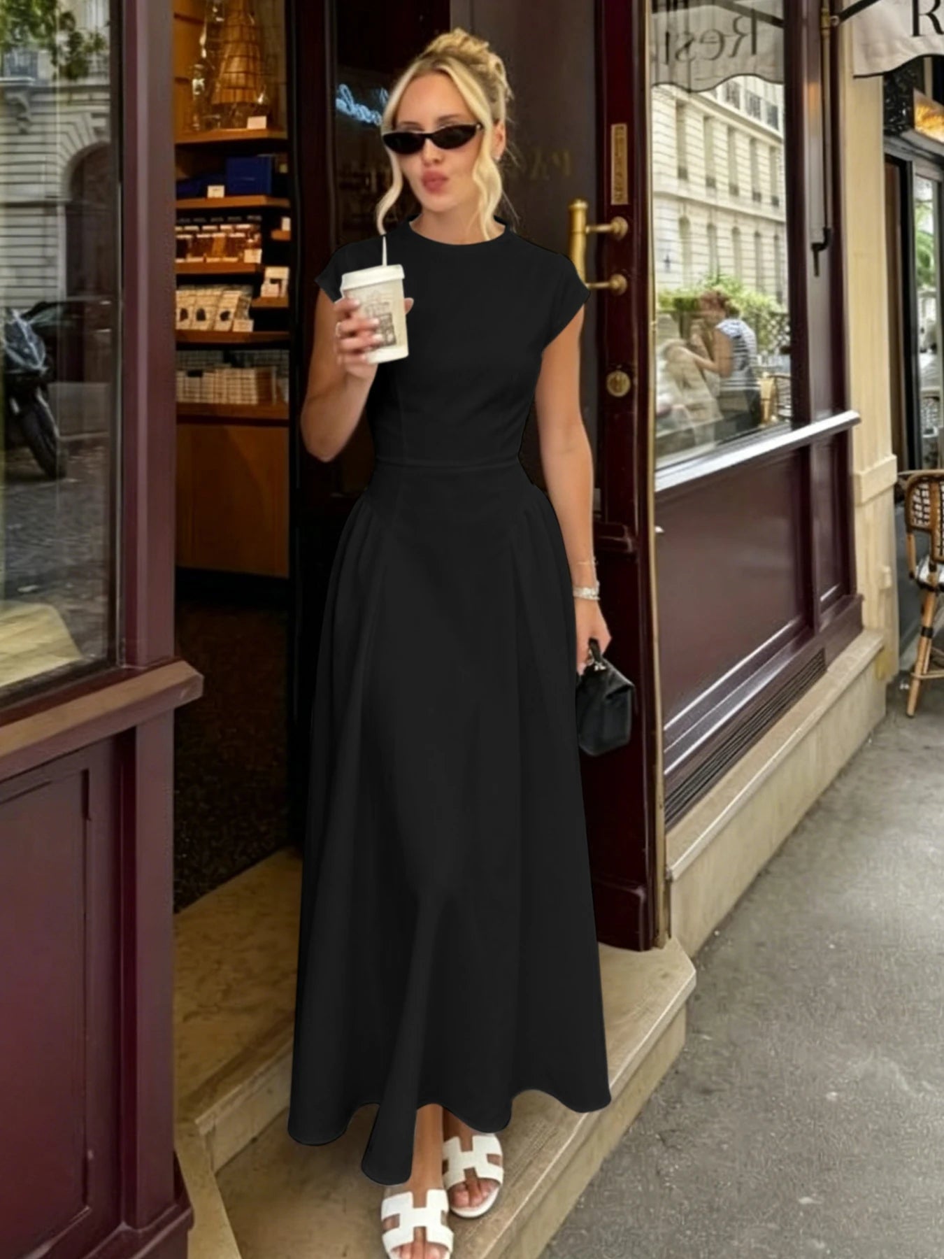 SOERA Ruby Flare Maxi Dress with Cap Sleeves - Dress - Black XS