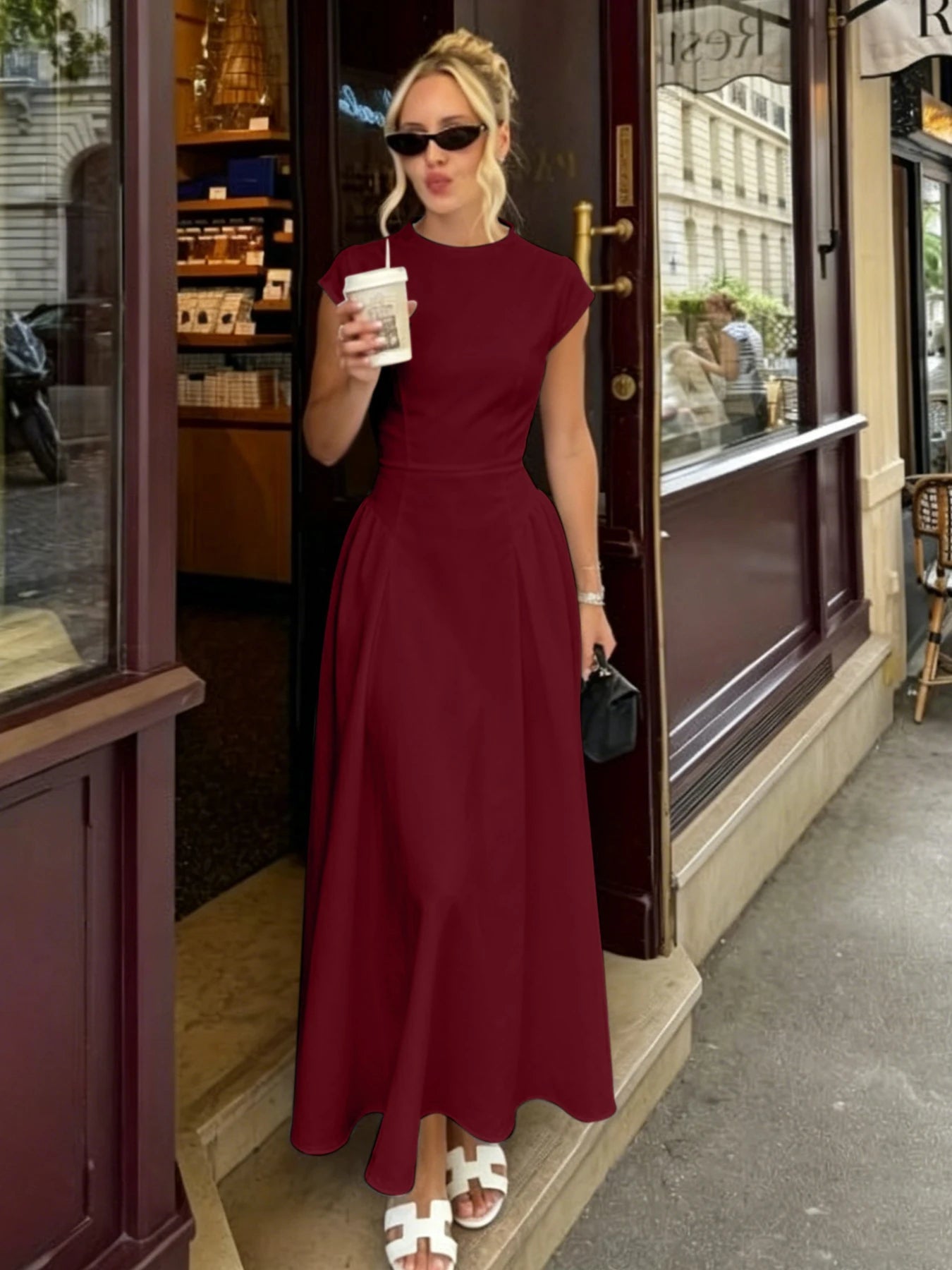 SOERA Ruby Flare Maxi Dress with Cap Sleeves - Dress - Wine XS