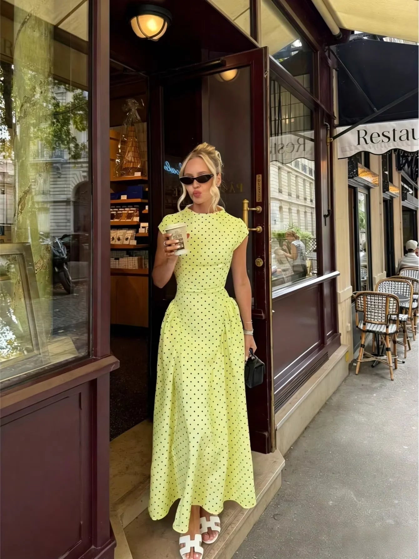 SOERA Ruby Flare Maxi Dress with Cap Sleeves - Dress - Yellow Polka Dot XS