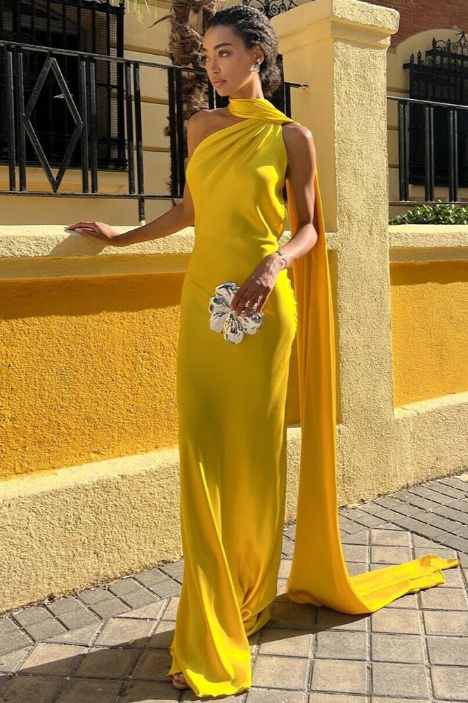 SOERA Suri Satin Halter Neck Cape Dress - Dress - Yellow S