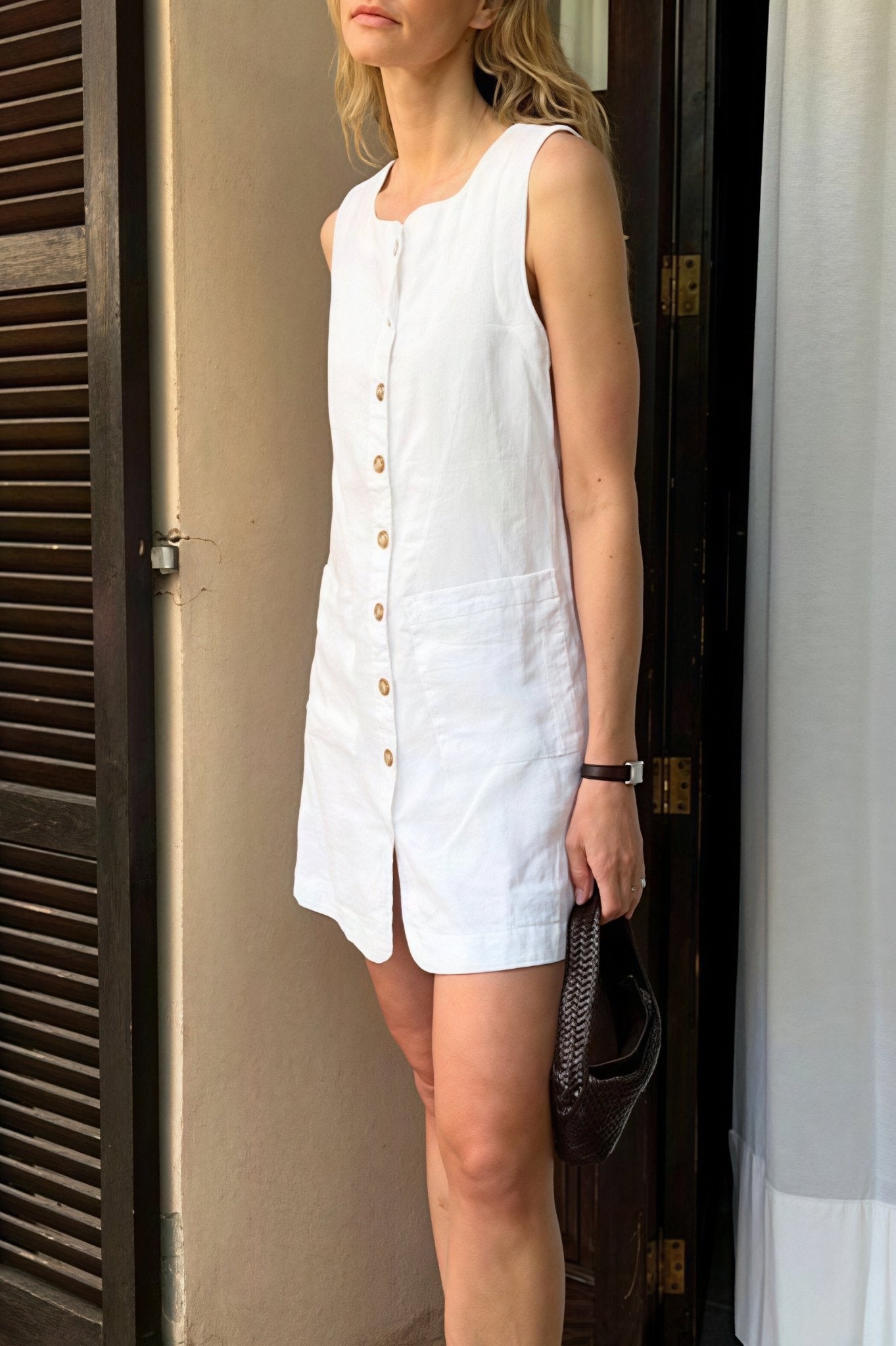 SOERA Themis Linen Square Neck Button Mini Dress - Dress - L