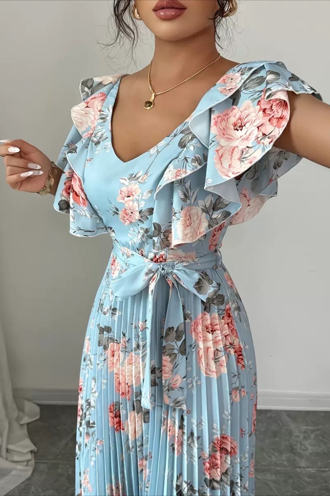 SOERA Valentina Floral V - Neck Ruffle Sleeve Maxi Dress - Dress - Blue XS