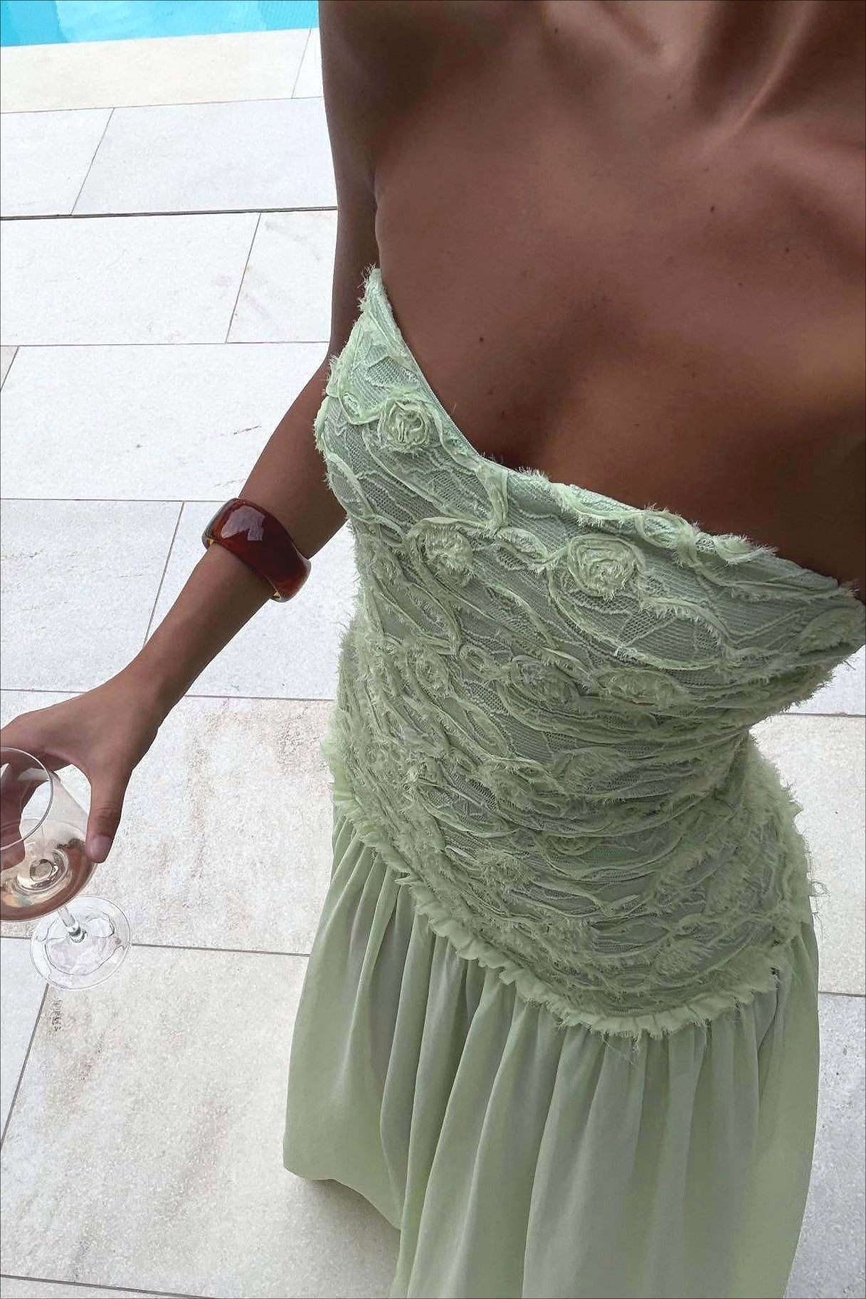 SOERA Victoria Strapless Floral Lace Maxi Dress - Dress - Sage Green XS