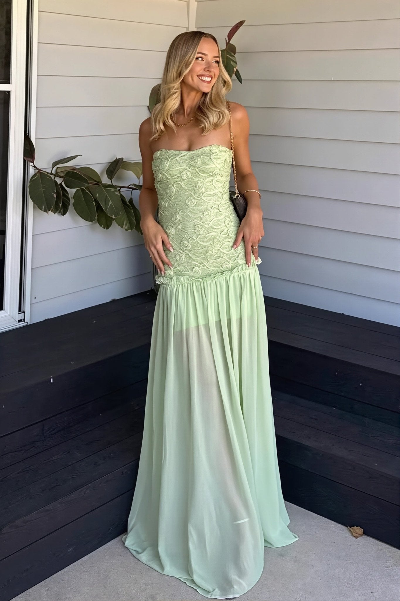 SOERA Victoria Strapless Floral Lace Maxi Dress - Dress - Sage Green XS