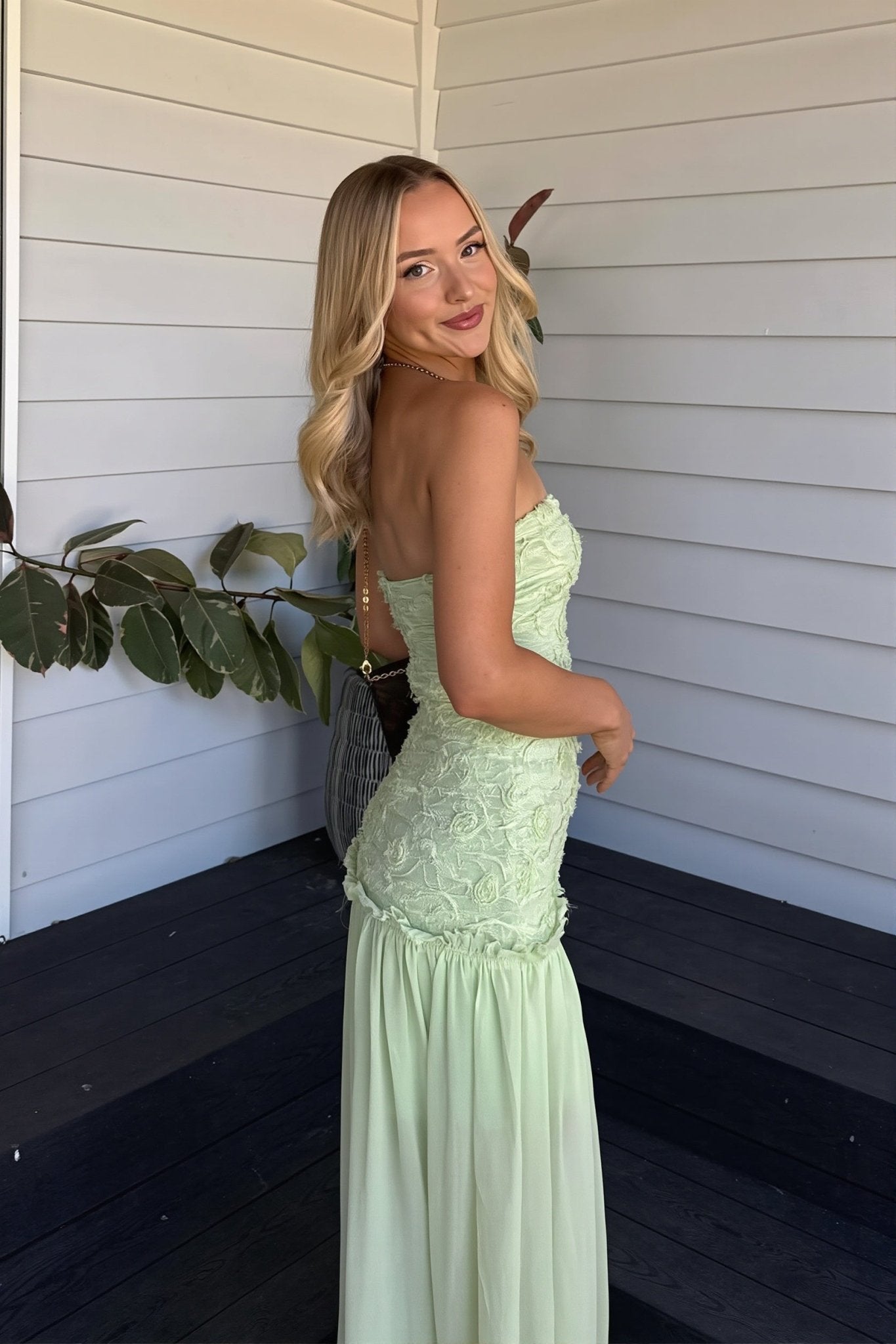 SOERA Victoria Strapless Floral Lace Maxi Dress - Dress - Sage Green XS