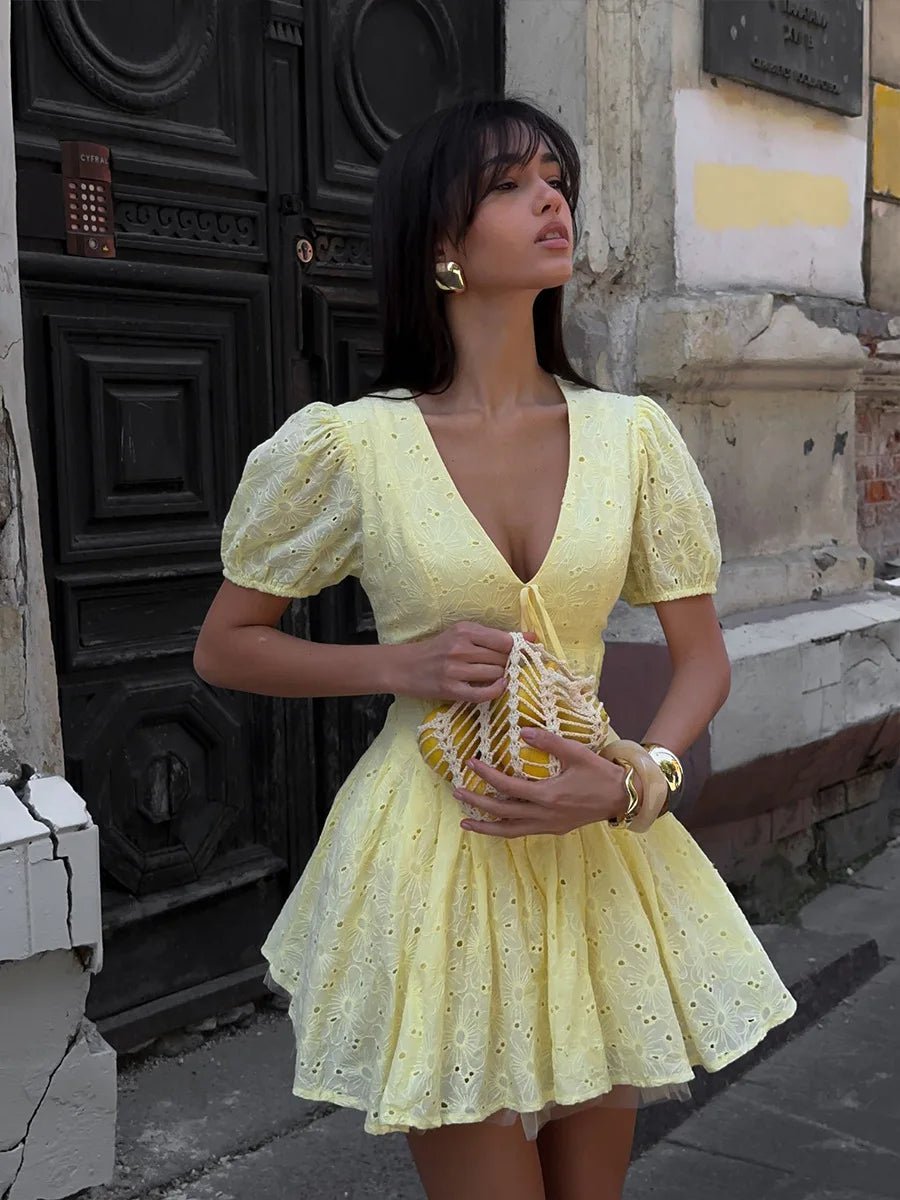 SOERA Bianca V-Neck Puff Sleeve Mini Dress - Dresses -