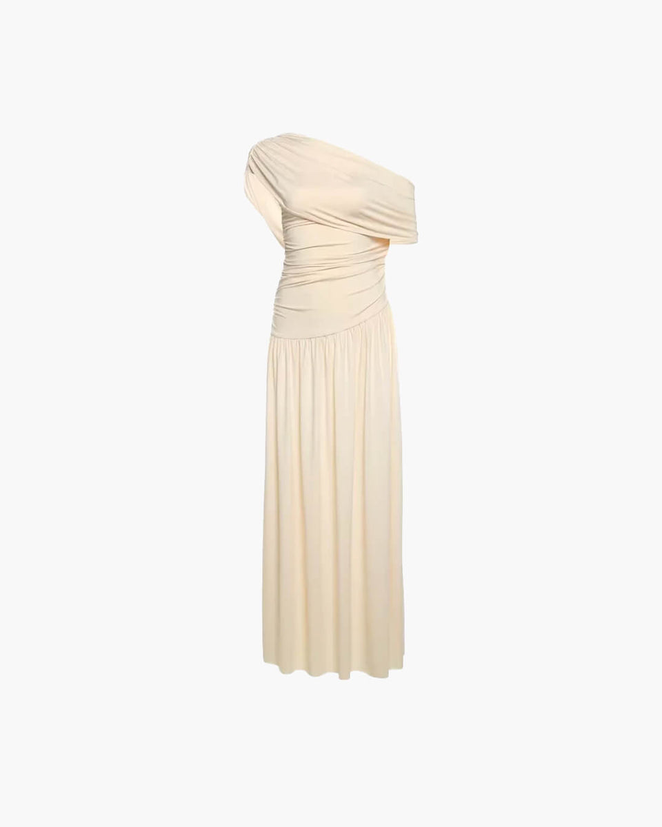 Ingrid One Shoulder Maxi Dress in Beige, Women's One Shoulder Maxi Dress, Elegant Sleeveless Evening Gown, Draped Fabric Formal Dress for Women, SOERA