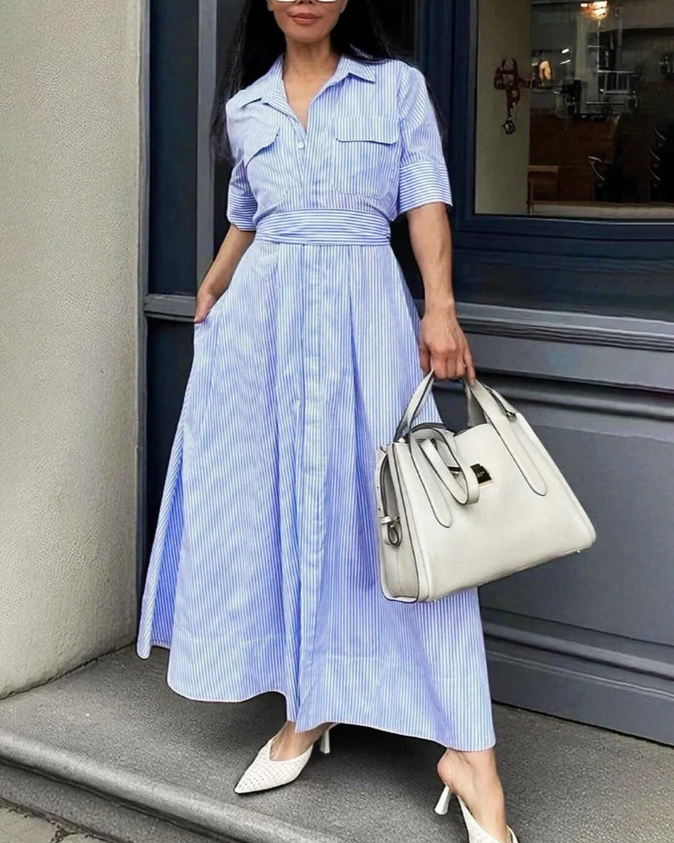 Beatrice Striped Lace-Up Collar Maxi Dress in Blue, flattering a-line maxi, sophisticated Lace-Up detail, women's dress, SOERA
