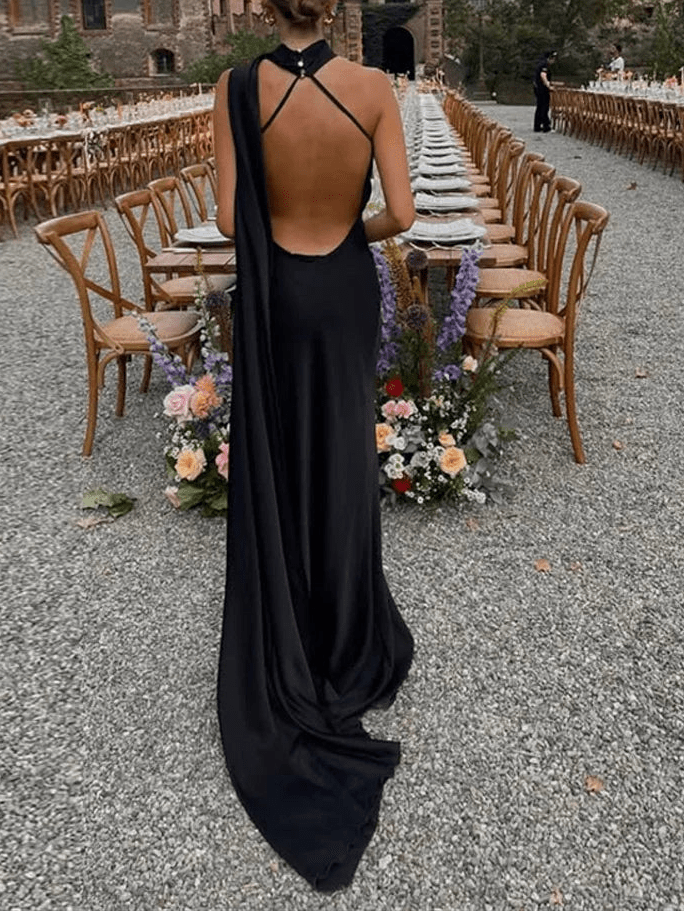 SOERA Raisa Satin Ribbon Backless Evening Gown - Dresses - Black S